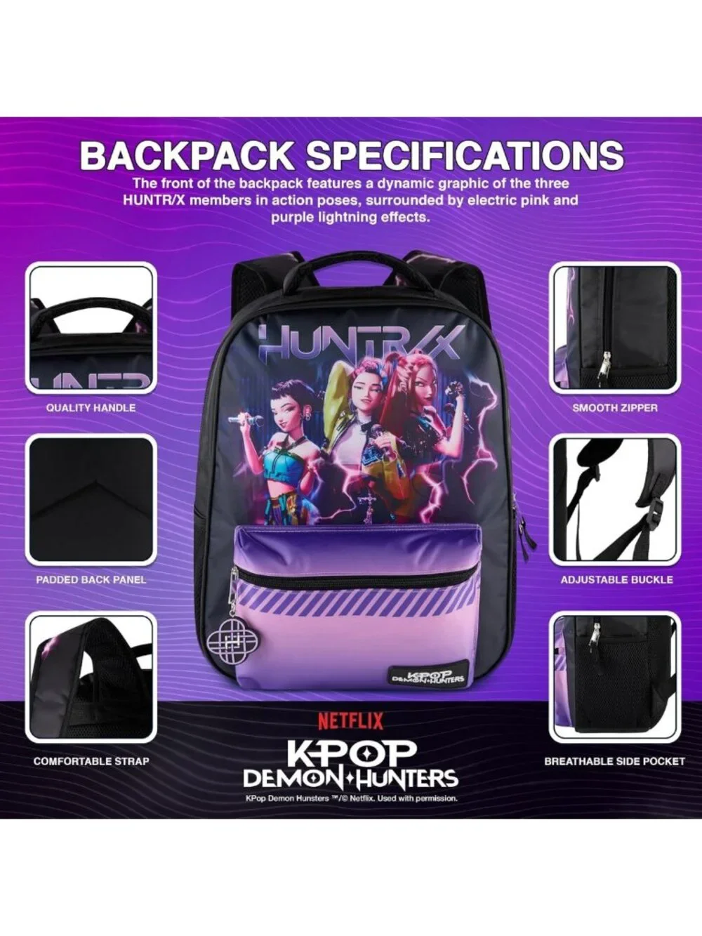 Trendy K-Pop Demon Hunters 16” Girls Backpack with Rubber Molded Charm